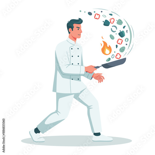 Chef tossing vegetables in pan with flame