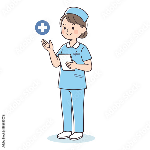 Nurse in blue scrubs holding clipboard with medical cross icon