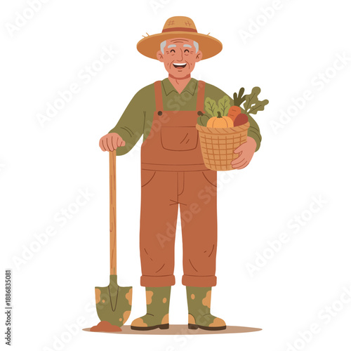 Farmer holding basket of vegetables and shovel