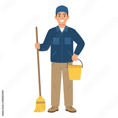 Cleaner with broom and bucket smiling