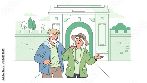 Senior Couple Exploring Ancient City Walking Tour Illustration