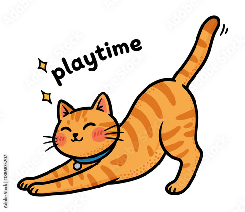 Orange cat stretching with 'playtime' text and sparkles