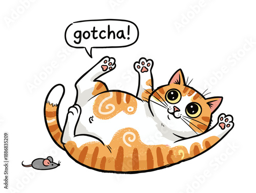 Cat lying on back with paws up saying 'gotcha!' near mouse