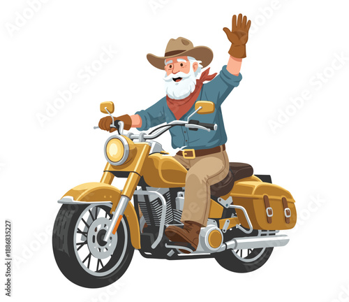 Cheerful cowboy with white beard riding motorcycle and waving