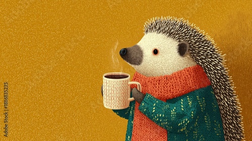 Wallpaper Mural Cute hedgehog in cozy sweater holding a steaming cup of coffee Torontodigital.ca