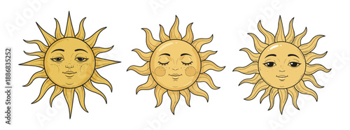 Set of illustrated suns with human faces