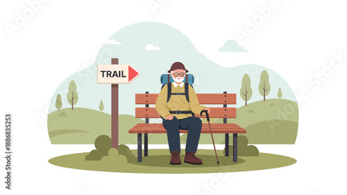 Senior Hiker Taking A Break On A Park Bench Near Trail Sign Post