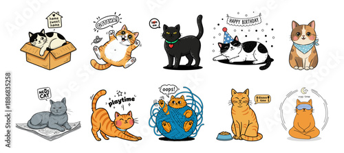 Collection of ten cute cat illustrations for different occasions, t-shirt prints