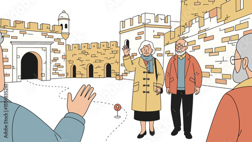 Senior Couples Explore Ancient City While Follow Direction Sign With Tourist Guide