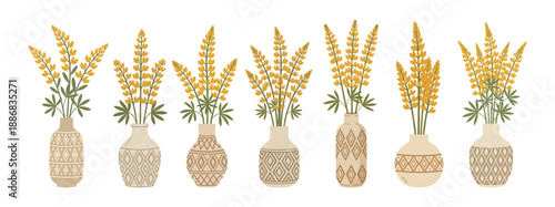 Set of vases with yellow lupine flowers and geometric patterns