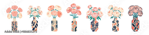 Set of vases with pink peonies and different patterns