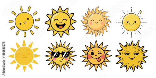 Collection of cute sun icons with different expressions