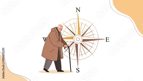 Senior Exploration Old Man Navigating Life's Journey With A Compass Backdrop