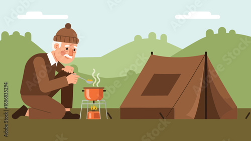 Senior Man Enjoying Outdoor Cooking At Campsite Adventure In Mountain Landscape
