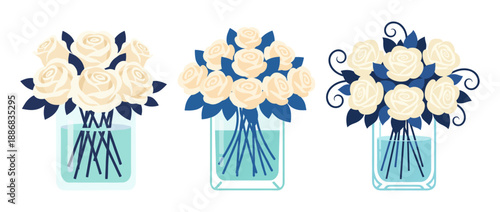 Set of glass jars with white rose bouquets