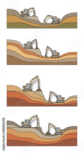 Sequential Earthmoving Process Showing Excavators Reshaping Natural Terrain
