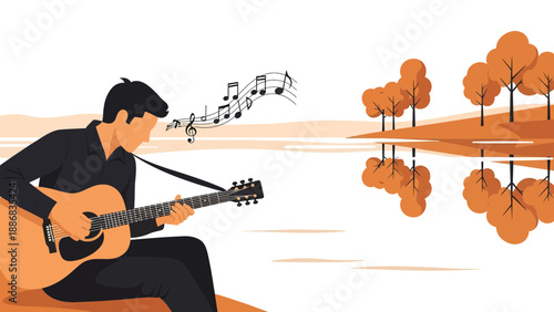 Serene Acoustic Melodies, Guitar Player By The Lake Autumnal Scene