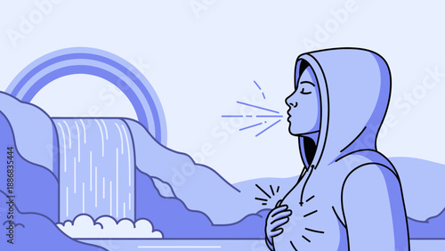 Serene Breathing Exercise By Waterfall Nature Backdrop Illustration Concept