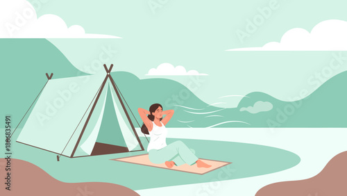 Serene Camping Retreat Woman Relaxing Near Tent With Scenic Mountain View