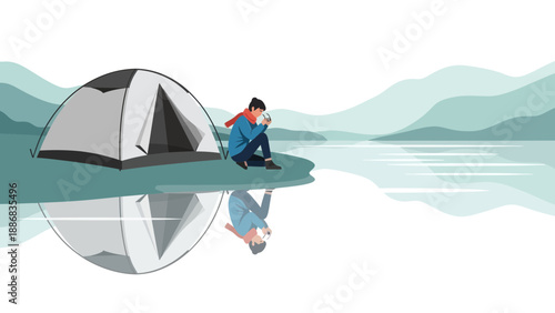 Serene Camping Retreat Man Enjoys Coffee By Lakeside Tent With Mountain View