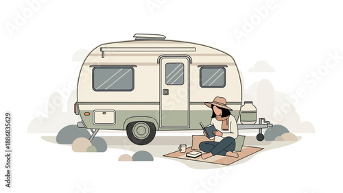 Serene Getaway Woman Enjoying Reading Time By Her Cozy Camper Van Illustration