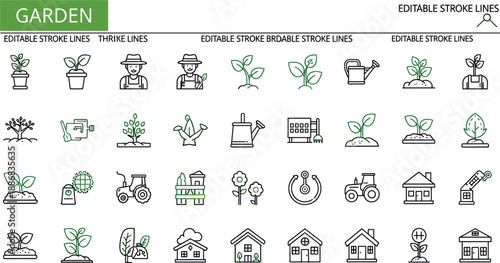 Garden with editable stroke lines and green accents plants gardening tools