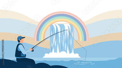 Serene Fishing Scene With Rainbow And Waterfall In Dreamy Landscape