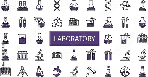 Laboratory equipment including beakers flasks test tubes microscopes