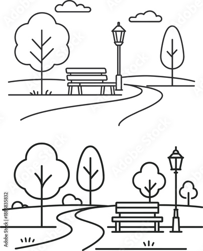 public park landscape with bench and trees, dual style vector icon set