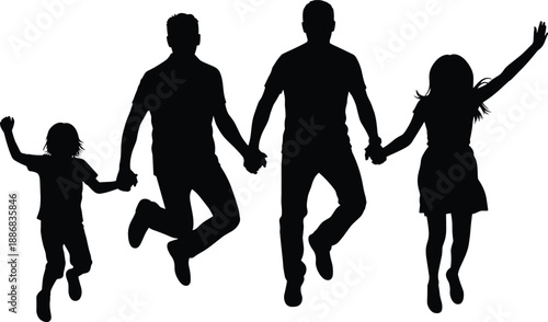 Silhouette of two adults and two children jumping together, joyful family bonding theme illustration, transparent background graphic