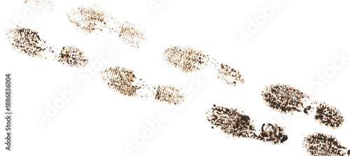 Foto Dirty tracks, foot print in wet mud, muddy boots isolated on white background, c