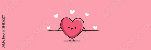 Happy cartoon heart character standing on pink background with small heart above its head. Cute cartoon heart character celebrating Valentine's Day