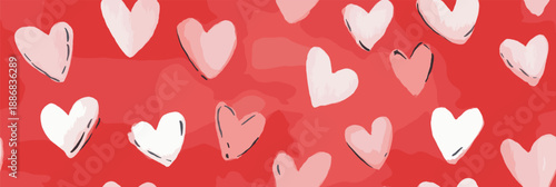 White outline and filled hearts scattering on a red watercolor textured surface. Hand drawn white hearts seamless pattern on red background
