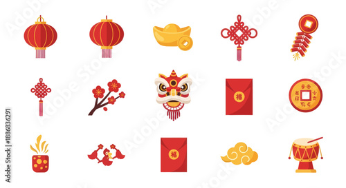 Chinese New Year Icons Set: Lanterns, Lion Dance, Red Envelopes, Gold