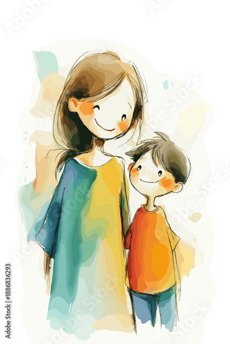Watercolor illustration depicting a mother embracing her happy child with warmth and care. Mother and child smiling showing love and connection