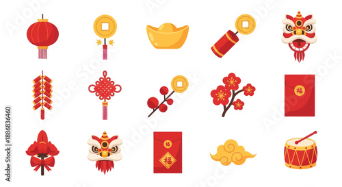 Chinese New Year Symbols: Lantern, Firecrackers, Lion Dance, Coins, Red Envelopes