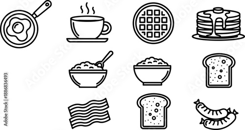 National Hot Breakfast Month: black and white breakfast icons collection