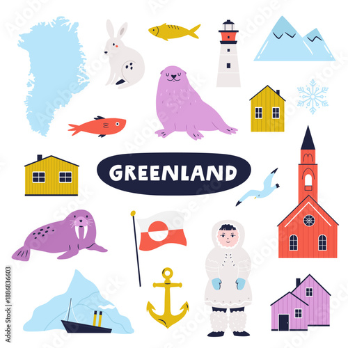 Greenland Travel Icons Set with Arctic Animals, Inuit Culture, Houses and Landmarks. Cute Flat Vector Illustration