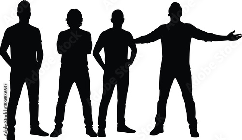 Silhouettes of four standing individuals in varied postures, body language and communication theme illustration, transparent background graphic