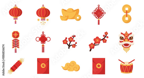 Chinese New Year Icons: Lanterns, Coins, Flowers, Lion Dance, Envelopes, Drum