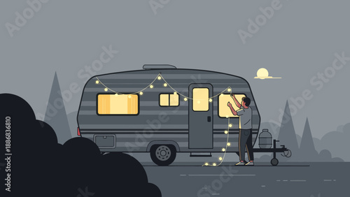 Stringing Lights On A Cozy Caravan Amidst The Forest Evening Calm