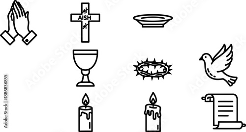 Religious symbols for Lent season icon set, thin line art