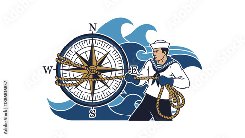 Strong Sailor Navigating The High Seas With A Compass And Ocean Waves