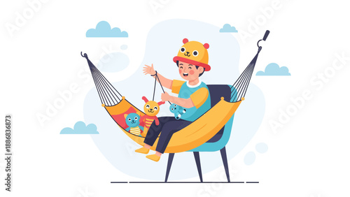 Smiling Boy Relaxing In Hammock With His Plush Friends Holiday Fun