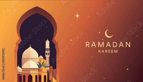 Ramadan Kareem arch entrance with mosque silhouette on night background. Modern Islamic greeting card template design. Poster and social media banner, vector illustration
