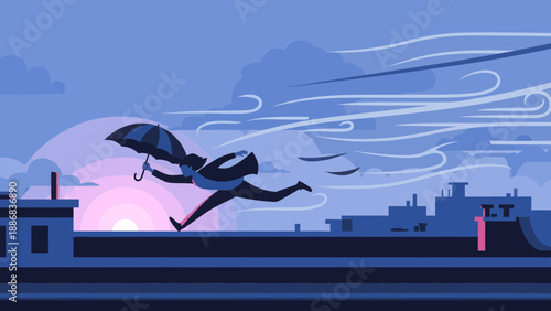 Struggling Against The Wind Man Running With Umbrella In Windy Weather