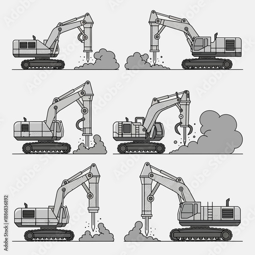 Strong Industrial Demolition Excavators Performing Groundbreaking Work Vector Set