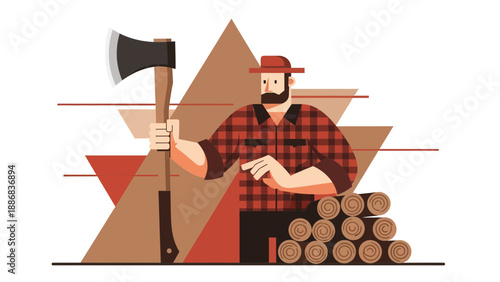 Strong Lumberjack In Plaid Shirt With Axe Woodpile With Geometric Background