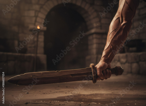 Man holding a wooden sword in an ancient stone corridor. Gladiator training weapon for strength and combat in a historical setting.
