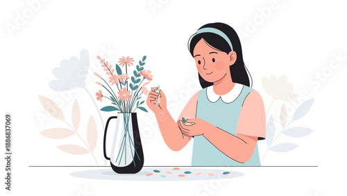 Smiling Young Woman Arranging Flowers In A Vase At Her Home Leisurely